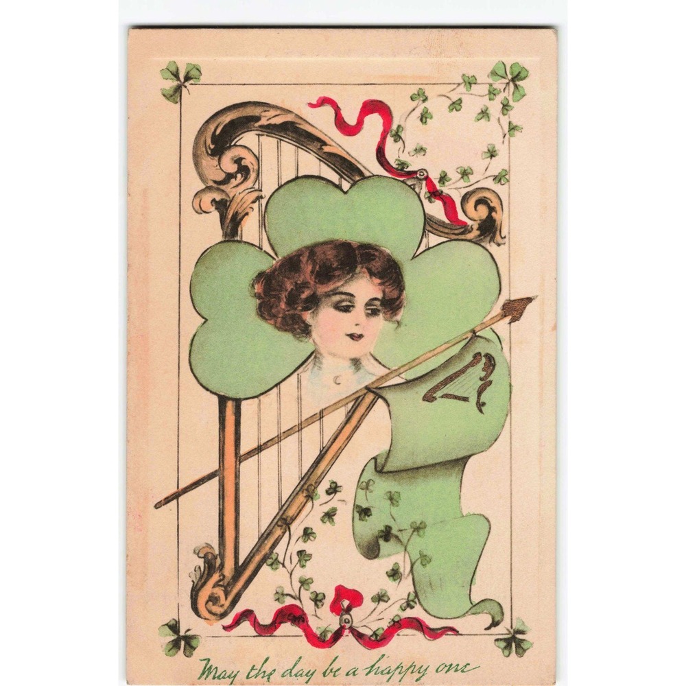 St Patricks Day Postcard 1911 RPPC Shamrock Harp Woman Divided Back